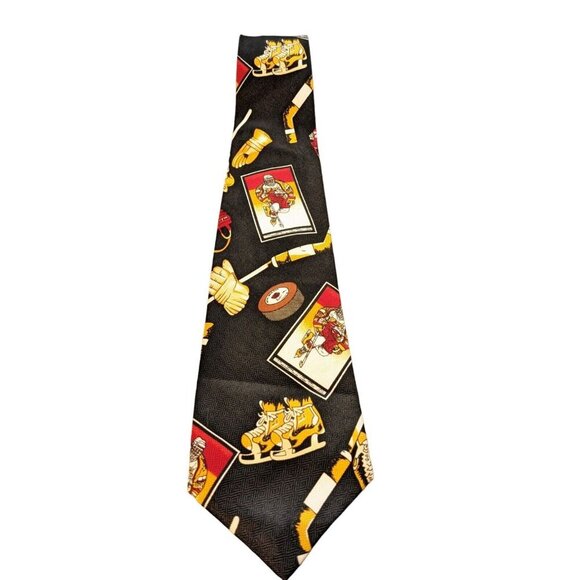 Vintage Necktie Tie Black Novelty Hockey Skates Puck Stick Card Sports Gift - Picture 1 of 4